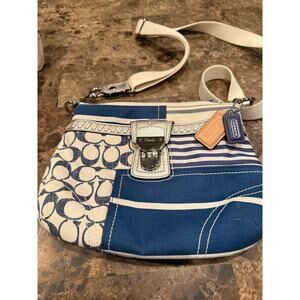 RARE Blue Denim Signature Patchwork Swingpack Crossbody Whipstitch Leather Trim.